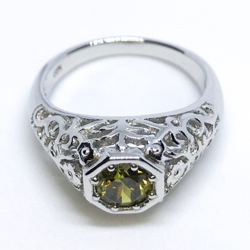 Silver Hexagon Lime Green Shaped Stone Ring